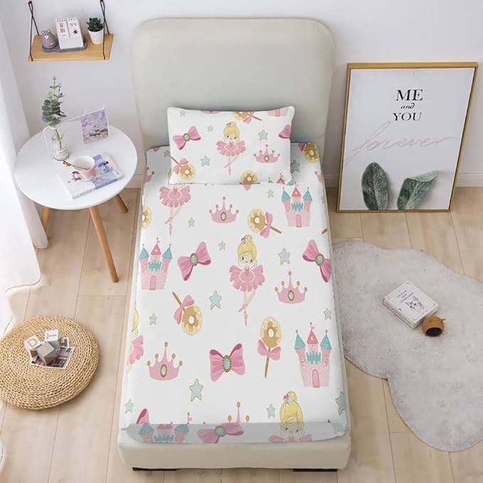 Dancing Princess Fitted Sheet Set Full for Kids Girls Teens Castle Crown Pattern Bed Sheet 2 Piece 3D Print Pink Dreaming Style Sheet Set