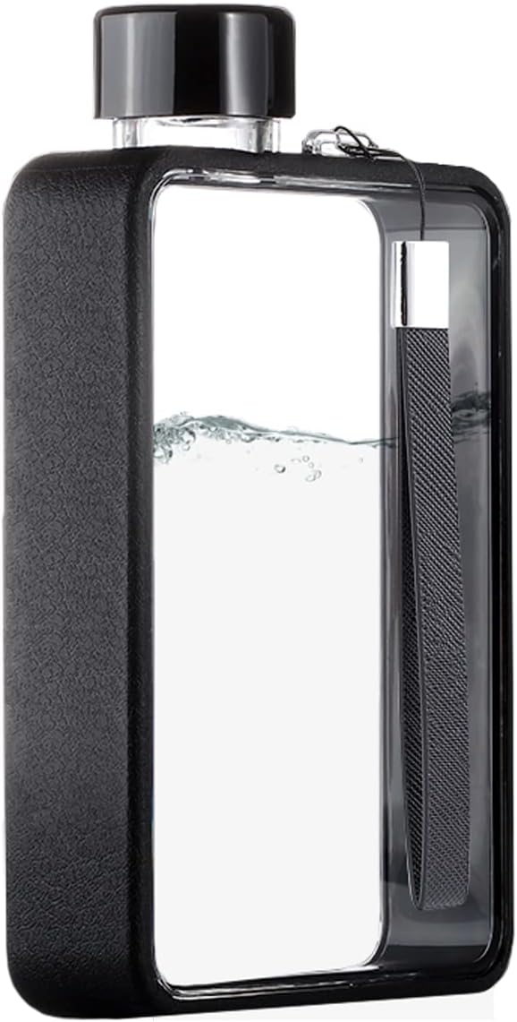 Flat Water Bottle, Portable A5 Water Bottle, 13oz Flat Travel Flask for Camping Fitness Gym (Black)