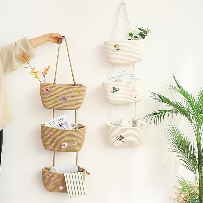 TeoKJ Over the Door Hanging Basket, 3-Tier Woven Cotton Wall-Mounted Storage Organizer with Self Adhesive Flowers Stick Decorative Hanging Nursery Baskets - Jute