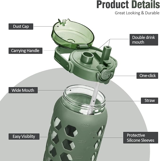 MUKOKO 56oz Glass Water Bottles with Straw and Lid,Motivational Water Jug with Time Marker Reminder and Silicone Sleeve,100% Leakproof BPA Free Fitness Sports Large Bottle-Olive