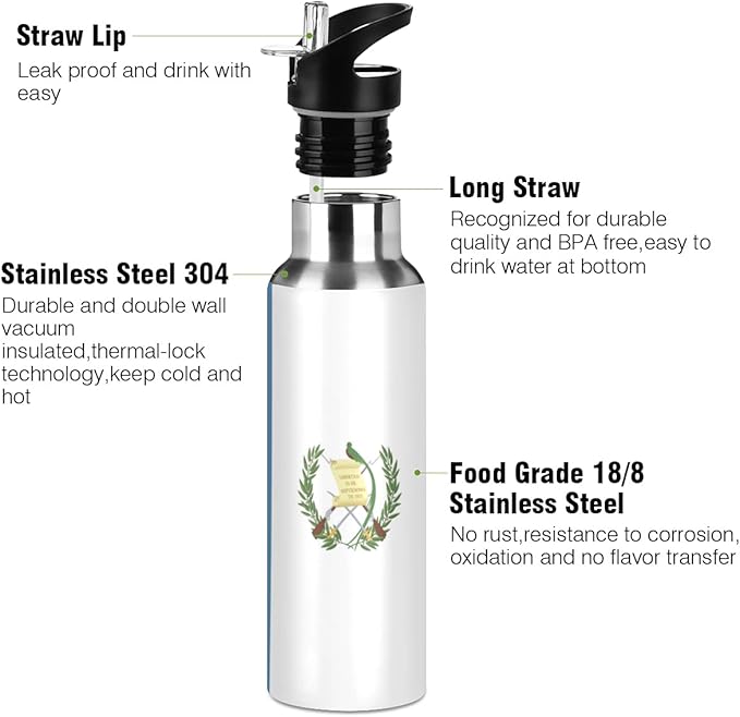 Guatemala Flag Sports Water Bottle, Double Wall Vacuum Insulated Stainless Steel Water Bottle with Straw Keeps Hot and Cold, Bike Running Sports Travel Gym 20oz