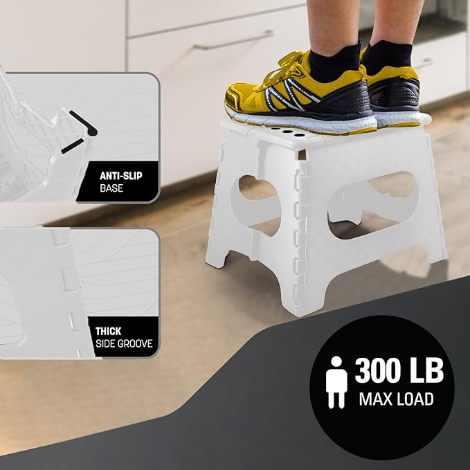 Compact 11" Folding Step Stool - Lightweight, Durable & Sturdy - Non-Slip Feet for Safety - Perfect for Kitchen, Bathroom, Kids - Supports Up to 300 Lbs - White - Easy to Store and Use
