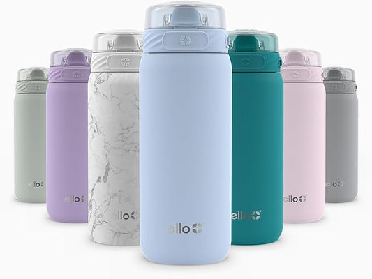 Ello Cooper 18oz Kids Stainless Steel Water Bottle with Straw and Carry Handle, Double Walled and Vacuum Insulated Metal, Leak Proof Locking Lid with Soft Silicone Spout, BPA Free, Halogen Blue