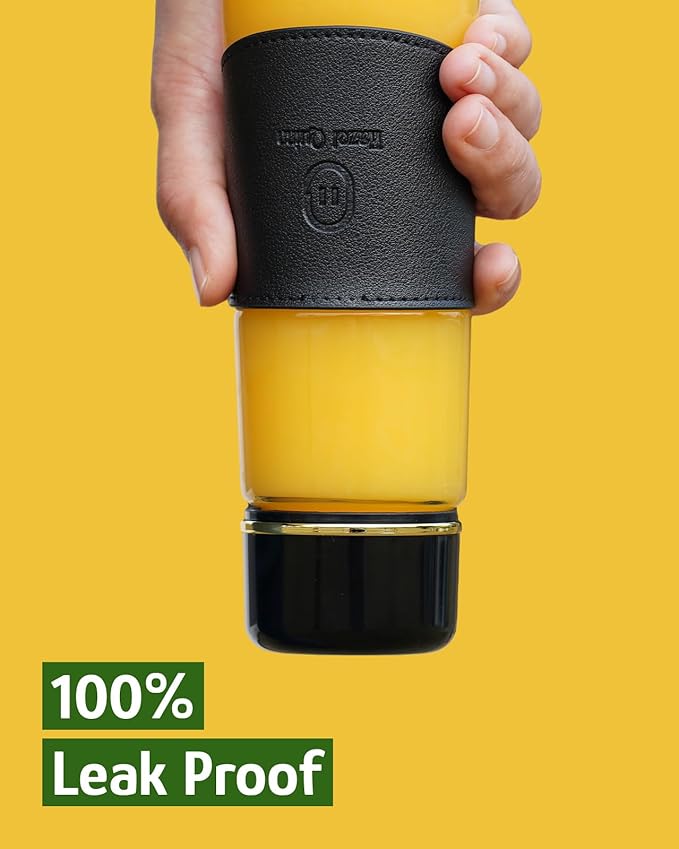 Hazel Quinn Glass Water Bottles - 450 mL / 15 oz Borosilicate Glass Juice Bottle with Leather Cup Sleeve, Reusable BPA Free