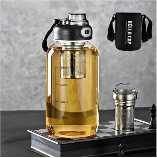 Glass Tea Bottle with Infuser 33oz - Large Glass Tea Tumbler with Lock Lid and Sleeve,Leakproof Glass Sports Water Bottle with Direct Drink Spout for Gym Home Workout