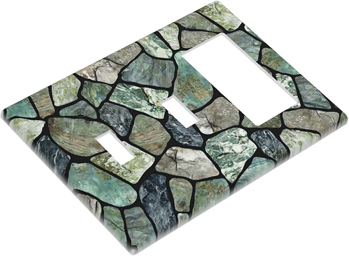 Green Stone Texture Combo 2 Toggle 1 Rocker Light Switch Wall Plate Cover Decorative 3-Gang for Electrical Outlets Room Bathroom Bedroom Home Kitchen One Decora Receptacle 4.5" x 6.38"