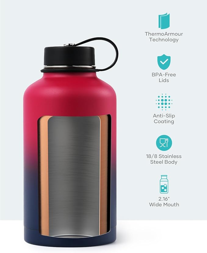 BUZIO 64oz Insulated Water Bottle Stainless Steel Double Wall Leak Proof Half Gallon with Straw Lid and Flex Cap (Cold for 48 Hrs) Sports Flask Metal Travel Mug for Hiking Cycling, Ruby Red Navy