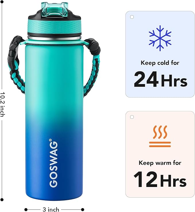 GOSWAG Insulated Sports Water Bottle, 24oz 2 Lids(with Straw/No Straw), Stainless Steel Water Bottles with Paracord Handle, Insulated Thermos with Double-Wall Vacuum Insulation