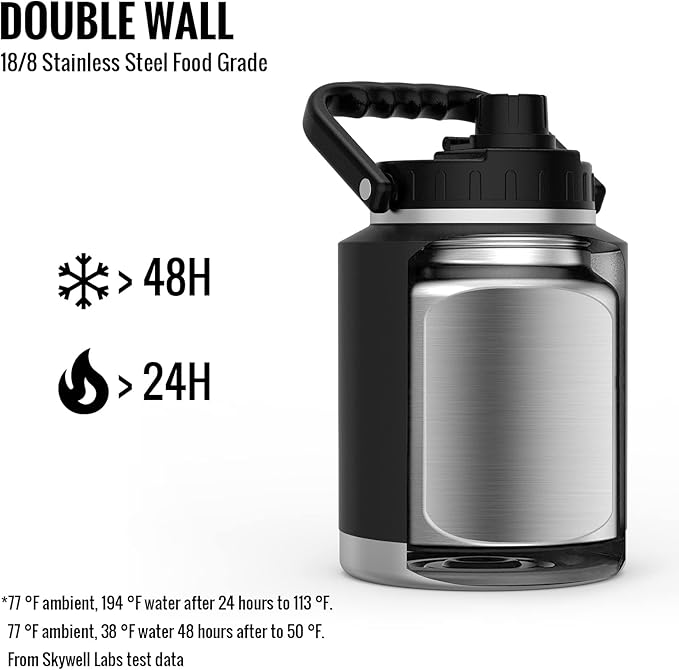 SkyWell Half Gallon Insulated Water Bottle with Handle and Wide Mouth Water Flask Sweat-Proof and Leak-Proof 64 Oz Water Jug for Outdoors, Black