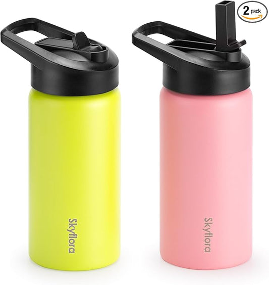 Kids Water Bottle with Straw 2 Pack, 16oz Water Bottles Bulk, Single Wall 18/8 Stainless Steel, Dishwasher Safe & Leakproof, Reusable Gift for Girls Boys to School Sports Travel Camping, Lemon & Pink