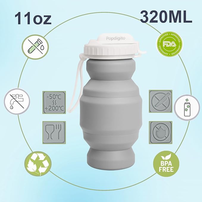 Collapsible Water Bottles,BPA-Free Leak-Proof Silicone Foldable Water Bottle Cup 20.6oz,Durable Lightweight Bottle for Gym Travel Camping Hiking Running (Type2 grey little 320ml)