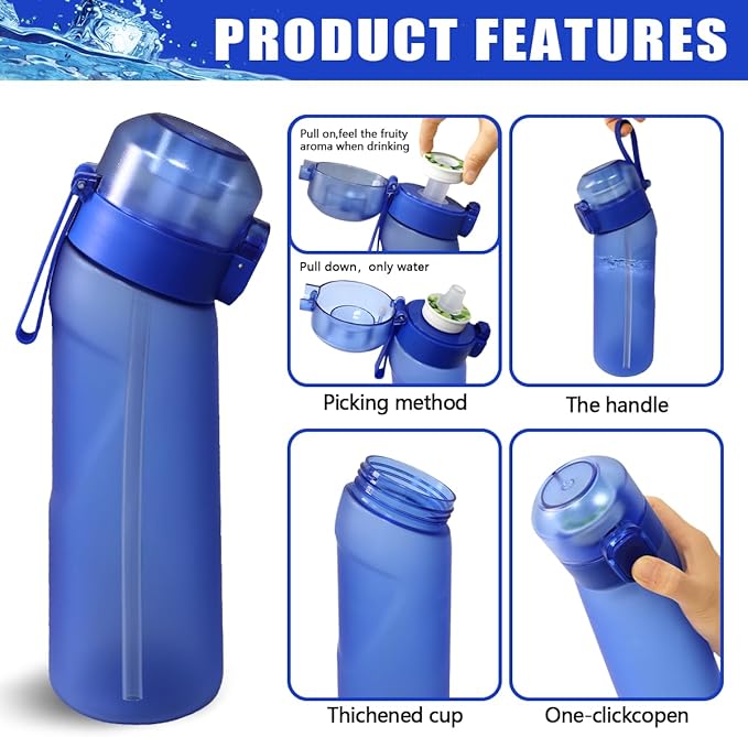 Water Bottle with Flavor Pods 21.9 Oz/650ml Fruit Fragrance Water Bottle Recyclable Sports Air Water Cup Scented Pods for Outdoor (Deep Blue)