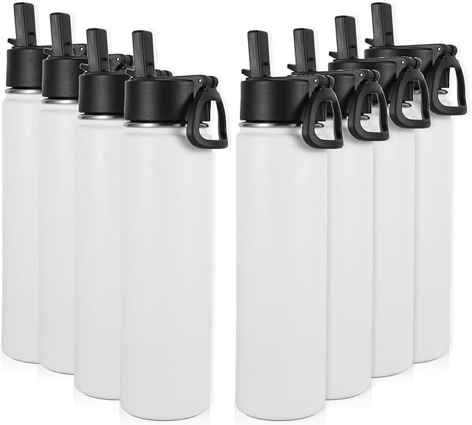 Volhoply 24oz Insulated Water Bottle With Straw Bulk 8 Pack,Metal Wide Mouth Water Bottles With Handle Lid Keep Cold,Reusable Double Wall Thermos,Powder Coated Sport Bottle For Holder(White,8 Count)