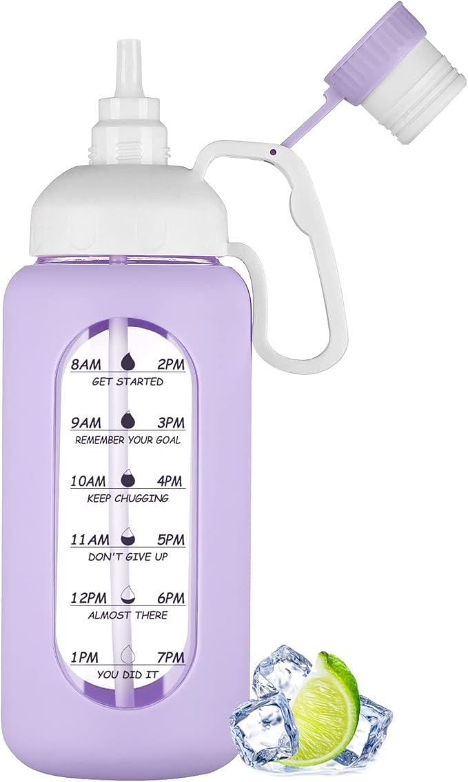 MUKOKO 64oz BPA Free Glass Water Bottle with Straw, Half Gallon, Wide Mouth, Time Marker, Silicone Sleeves, Ideal for Sports, Travel, Running, Camping, Purple