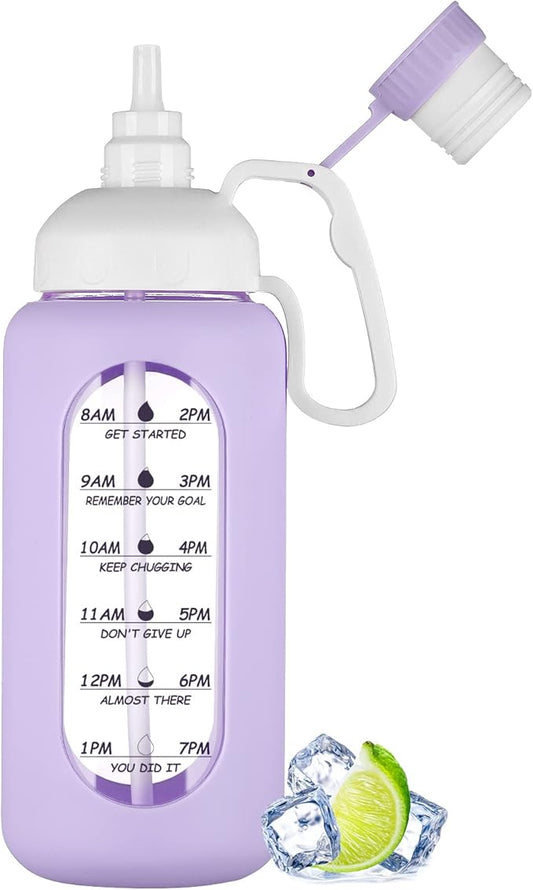 MUKOKO 64oz BPA Free Glass Water Bottle with Straw, Half Gallon, Wide Mouth, Time Marker, Silicone Sleeves, Ideal for Sports, Travel, Running, Camping, Purple