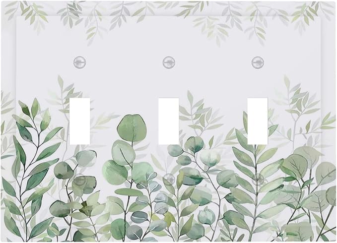 Green Eucalyptus Rustic Botanical Plant Leaves 3 Gang Boho Light Switch Covers Decorative Triple Toggle Wall Plate Electrical Faceplate Switchplate for Country Bathroom Bedroom Decor