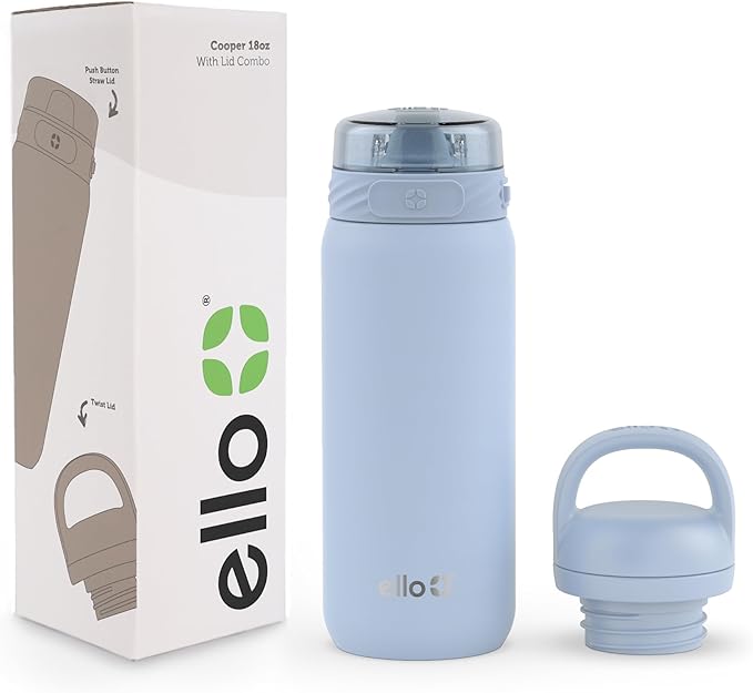 Ello Cooper 18oz Kids Stainless Steel Water Bottle with 2 Lids Chug and Straw | Leak Proof Double Walled and Vacuum Insulated | Fits Car Cupholder | Built in Carry Loop | Dishwasher Safe |Halogen Blue