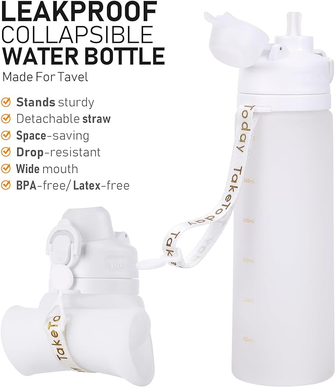 Collapsible Water Bottles 20oz, Leak Proof, BPA-Free, Foldable Silicone Travel Water Bottle with Straw Strap for Cycling, Hiking, Outdoors