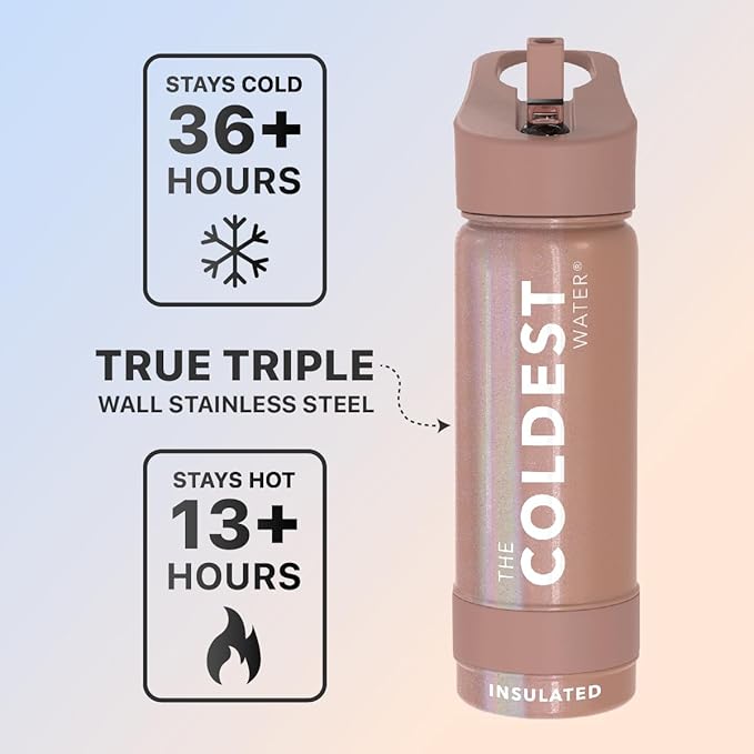 Coldest Sports Water Bottle - Straw Lid Bottle with Handle Leak Proof, Vacuum Insulated Stainless Steel, Double Walled, Thermo Mug, Metal | Rose Gold 18 oz