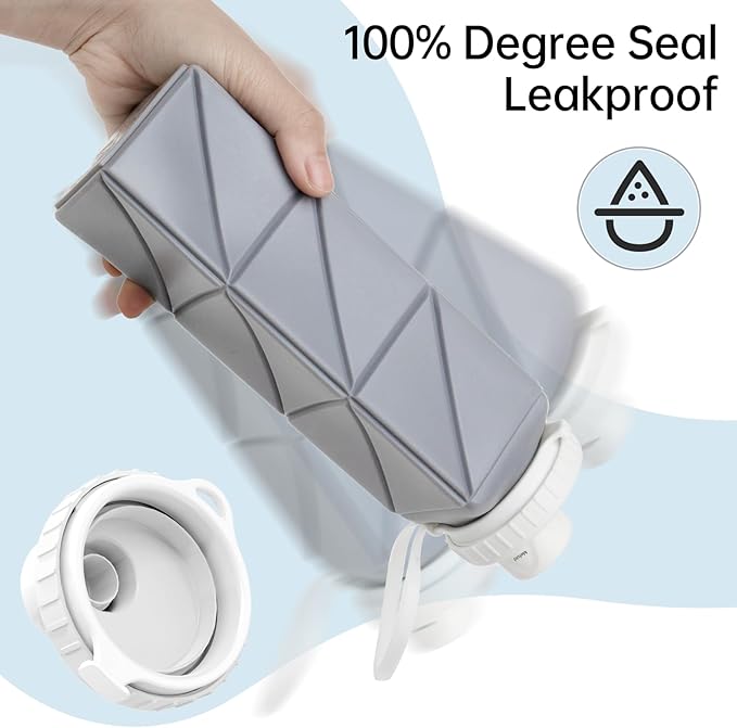 Foldable Water Bottle for Travel Cycling Gym Camping Sports,Leakproof Lid,Food Grade BPA-Free Silicone Travel Bottles 610ml -Lightweight 21oz Portable,Wide Mouth ,Durable,Collapsible Water Bottle