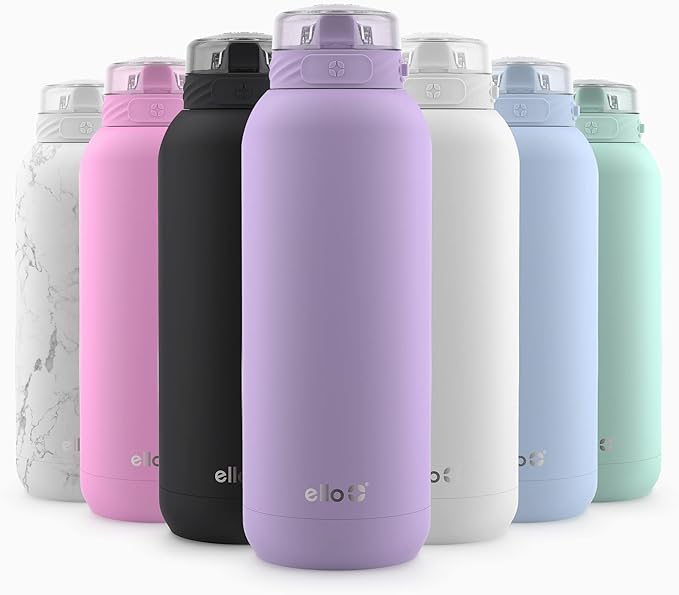 Ello Cooper 40oz Stainless Steel Water Bottle with Straw and Carry Handle, Double Walled and Vacuum Insulated Metal, Leak Proof Locking Lid with Soft Silicone Spout, Reusable, BPA Free, Lilac