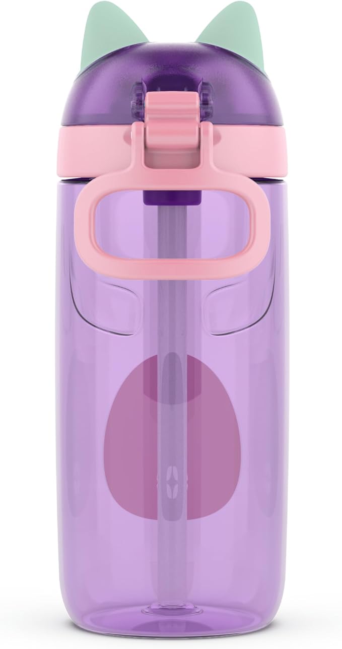Ello Ellies 16oz Plastic Kids Water Bottle with Straw and Built-in Carrying Handle and Leak-Proof Locking Lid for School backpack, Lunchbox and Outdoor Sports