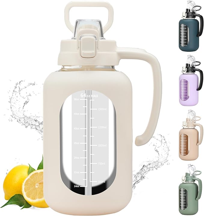 64 oz Glass Water Bolttles Half Gallon Large Motivational Water Bottle with Time Marker Sports Water Bottles with Silicone Sleeve and Handle Lid Water Jug for Gym Workout-1 Pack