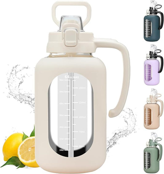 64 oz Glass Water Bolttles Half Gallon Large Motivational Water Bottle with Time Marker Sports Water Bottles with Silicone Sleeve and Handle Lid Water Jug for Gym Workout-1 Pack