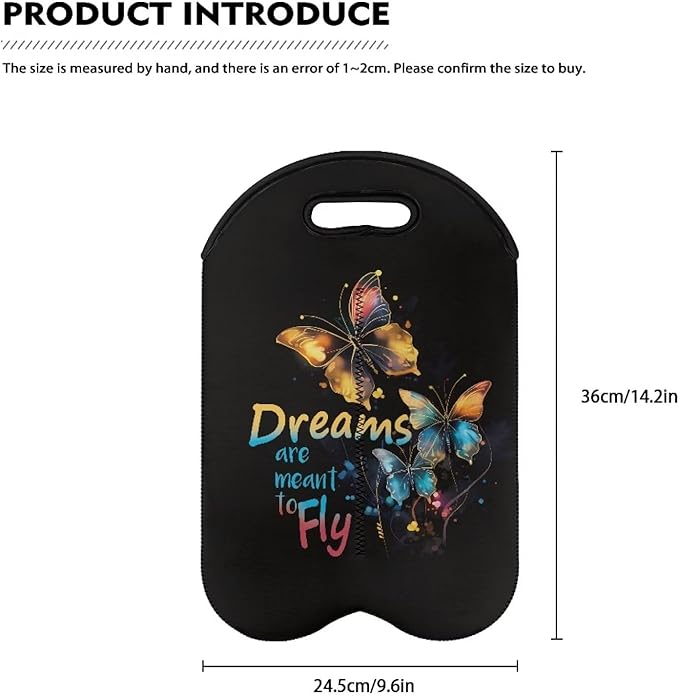 doginthehole Butterfly 2 Bottle Wine Tote Carrier Cooler Bag Insulated Wine Bag Water Bottle Holder Neoprene Pouch for Travel Picnic Party, Dreams Are Meant to Fly Drsign