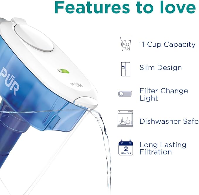 PUR PLUS 11-Cup Water Filter Pitcher with 1 Lead-Reducing PUR Plus Filter, Dishwasher Safe, Powerful Filtration, Filter Change Indicator Light, White, PPT111W