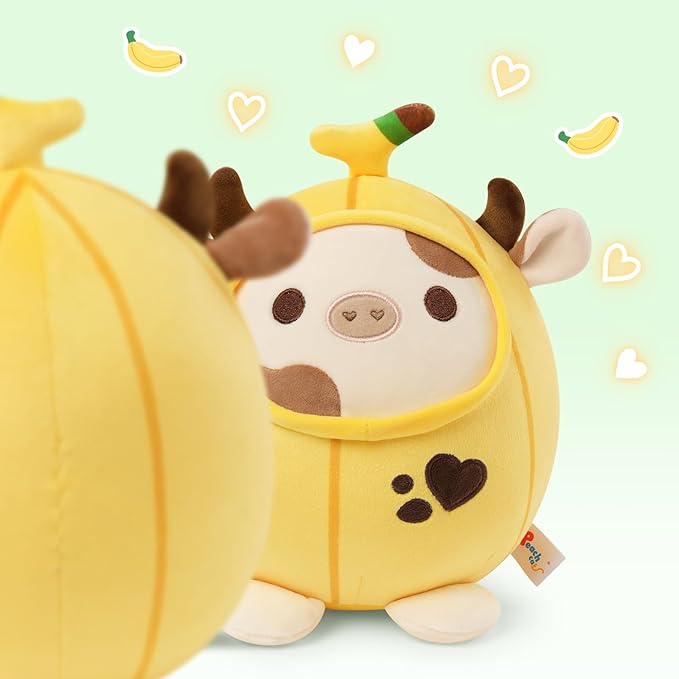 PEACH CAT Cute Banana Cow Plush Pillow Banana Cow Stuffed Animal Cow plushie with Banana Outerwear for Kids Yellow 8"