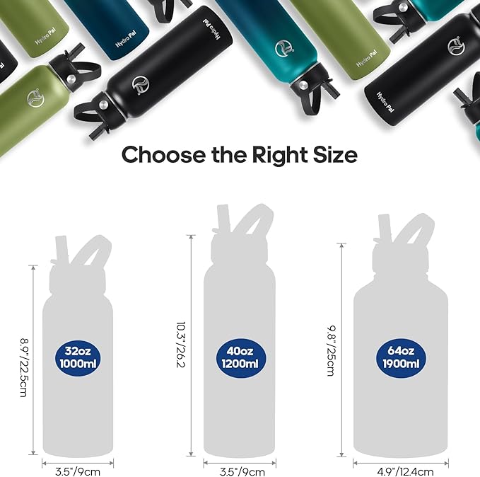 HydroPal Insulated Water Bottles 32 oz with 2 Leak Proof Lids & Water Bottle Holder, Wide Mouth Sport Water Bottle with Straw, Reusable Stainless Steel Water Flask, Double Walled Vacuum Thermos