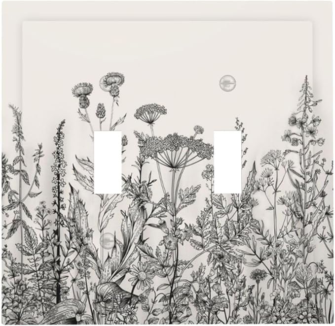 Vintage Grey Floral Herbs Wild Flowers Botanical Double Toggle Boho Light Switch Covers Decorative Country Unique 2 Gang Wall Plate Dual Electrical Faceplate Switchplate for Living Room