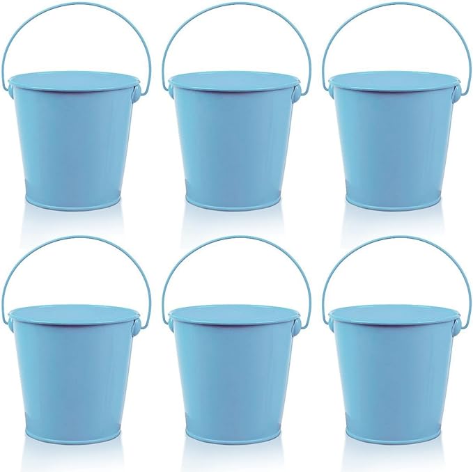 Small Metal Buckets with Handle 6 Pcs – Galvanized Bucket Leak Proof & Rust Resistant 20 fl oz Capacity - Best for Party Décor, Organizing & Decorating Classrooms (Blue, Small 4.3" Top)