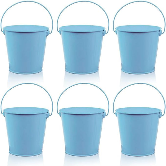 Small Metal Buckets with Handle 6 Pcs – Galvanized Bucket Leak Proof & Rust Resistant 20 fl oz Capacity - Best for Party Décor, Organizing & Decorating Classrooms (Blue, Small 4.3" Top)