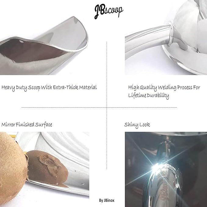 JBscoop Large Ice Scoop with Holes. Stainless Steel Ice Scoop with Drain Holes to Reduce Unwanted Dilution. Heavy Duty and Dishwasher Safe. Six Ounce Capacity.