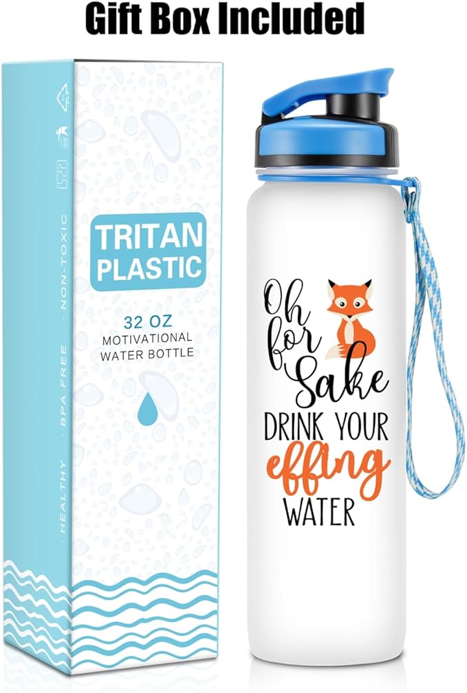 LEADO 32 oz 1 Liter Motivational Water Bottle with Time Marker - for Fox Sake Drink Your Effing Water - Funny Mothers Day, Birthday Gifts for Women Men Mom Daughter Sister Wife Friend Coworker