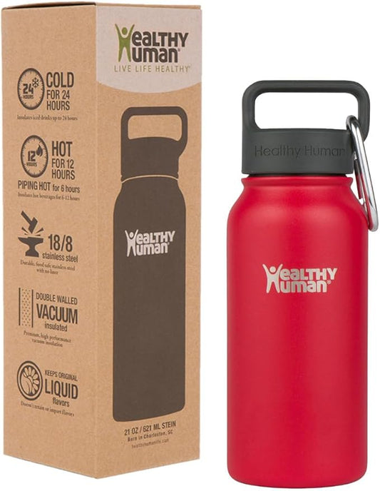 Healthy Human Stainless Steel Water Bottle | Double Walled Vacuum Insulated Water Thermos for Adults | Eco-Friendly Travel Bottles with Leak Proof Lid (Red Hot, 16 oz/ 473 ML)