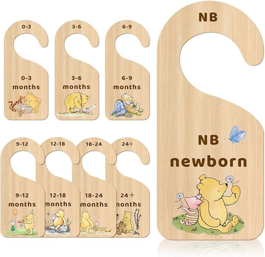 Classic Winnie Baby Closet Dividers, Pooh Bear Double Sided Baby Clothes Organizer for Baby Nursery Decor Wooden Hanger for Newborn Baby Stuff from 0-24+ Months - 8 Pcs