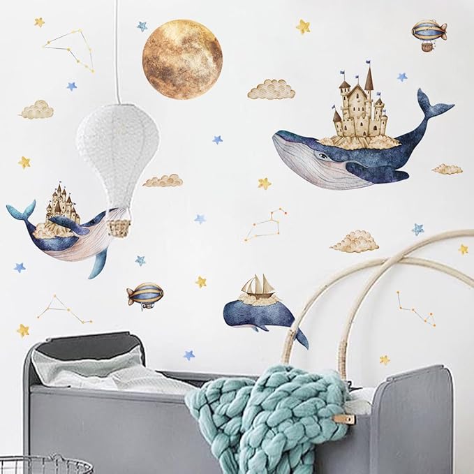 Ocean & Space Whale Wall Sticker - Colorful Watercolor Art, Easy to Apply