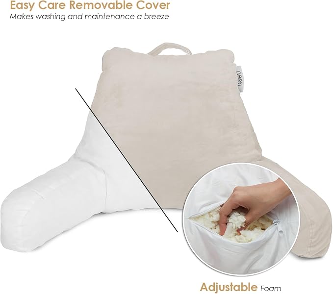Nestl Reading Pillow Standard Bed Pillow, Back Pillow for Sitting in Bed Shredded Memory Foam Chair Pillow, Reading & Bed Rest Pillows Linen Back Pillow for Bed, Bed Chair Arm Pillow with Pockets