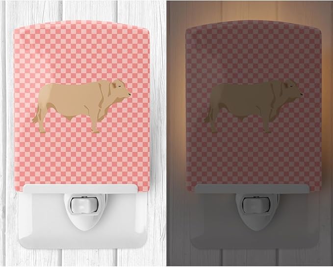 Caroline's Treasures BB7826CNL Charolais Cow Pink Check Ceramic Night Light Compact, UL-Certified, Ideal for Bedroom, Bathroom, Nursery, Hallway, Kitchen, 6x4x3, Multicolor