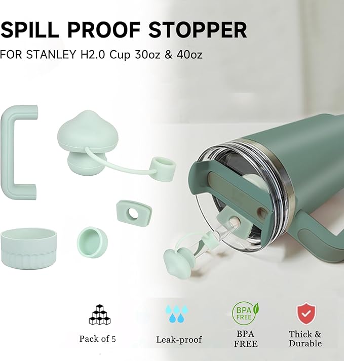 Silicone Spill Stopper Set for Stanley Cup2.0 30oz&40oz Straw Cover(Set of 1),1Pcs Silicone Boot Sleeve for Stanley,1Pcs Silicone Handle Protective Sleeve., Light Green