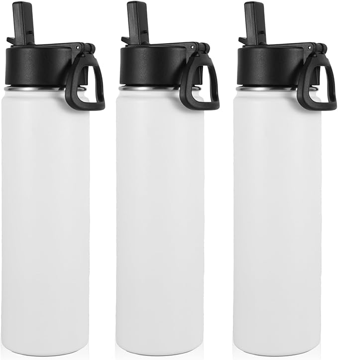 Volhoply 24oz Insulated Water Bottle With Straw Bulk 3 Pack,Metal Wide Mouth Water Bottles With Handle Lid Keep Cold,Reusable Double Wall Thermos,Powder Coated Sport Bottle For Holder(White,3 Count)