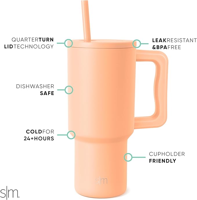 Simple Modern 30 oz Tumbler with Handle and Straw Lid | Insulated Cup Reusable Stainless Steel Water Bottle Travel Mug Cupholder Friendly | Gifts for Women Men Him Her | Trek Collection | Bellini