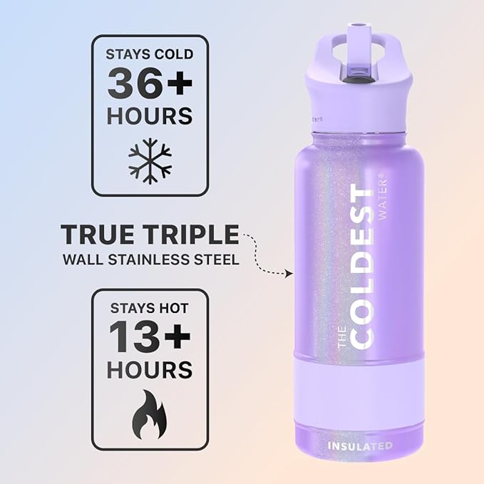 Coldest Sports Water Bottle with Straw Lid Vacuum Insulated Stainless Steel Metal Thermos Bottles Reusable Leak Proof Flask for Sports Gym(32 oz, Saturns Moon Purple Glitter)
