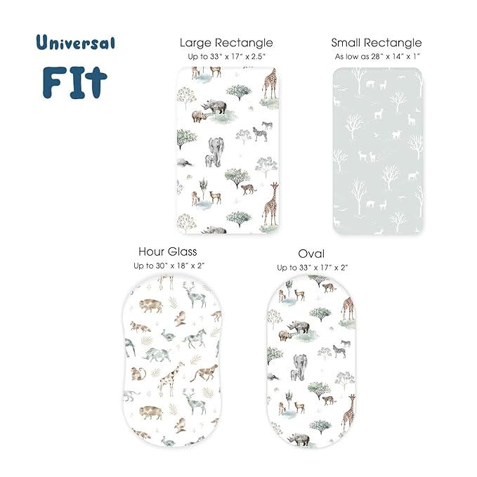 Ultra Soft Fitted Bassinet Sheets 3 Pack, Universal Fitted for.Baby Cradle Moses Basket Oval Rectangle Mattress Safe and Snug, Stylish Bassinet Mattress Sheets for Baby, Cute Animals Print
