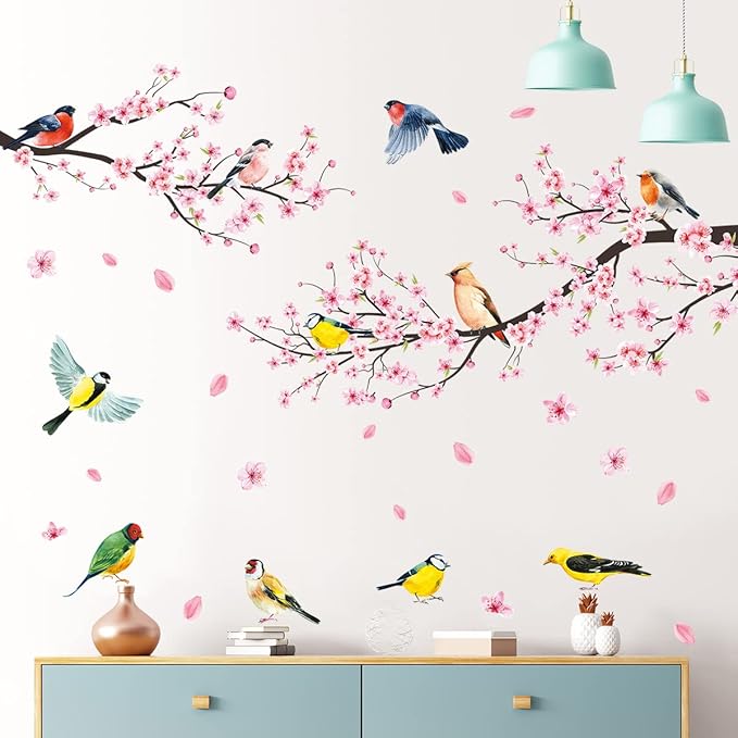 Amaonm 2 Sheets of 12"x36" Removable Pink Red Cherry Blossom Flowers Wall Stickers DIY Flying Birds and Tree Brances Wall Decals 3D Peel and Stick Floral art Decor for Kids Girls Bedroom Living Room Nursery Decoration (37"x51")