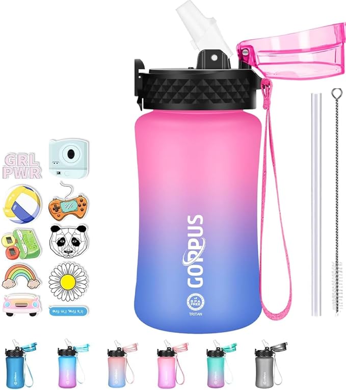GOPPUS Kids Water Bottle with Straw Spout Lid 10pcs Stickers 12 oz Leak-proof BPA Free Motivational Time Marker Tritan Plastic Water Bottles for Girls Boys School Sports