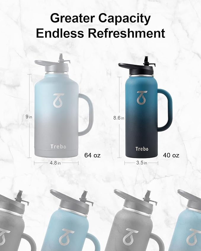 Trebo 40oz Water Bottle Insulated with Handle, Stainless Steel Metal Large Jug,Travel Flask with Straw Spout Lid,Mug Tumbler Cup with Carry Pouch,Keep Cold Hot, Indigo Black